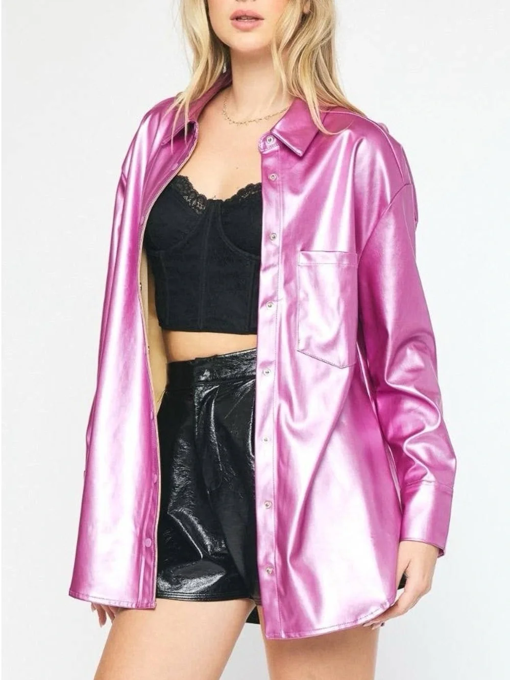 🟠NWT ENTRO Metallic Snap Button Down Shacket in Pink - Picture 3 of 12
